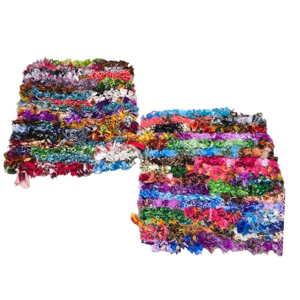 Set of 2 Boho Shaggy Rag Rug Pillow Covers Multi Color 18x18 Textured India